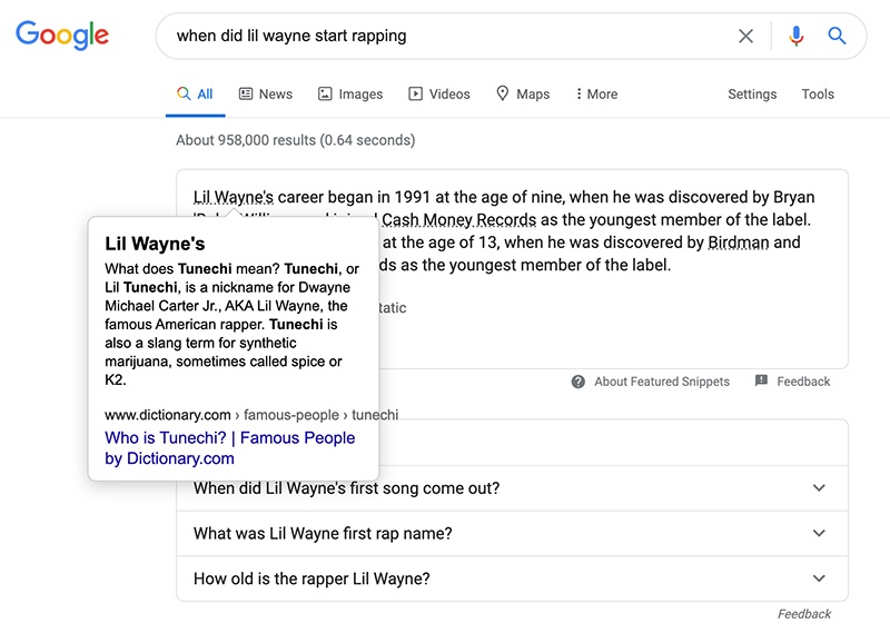 Google Featured Snippets with data overlay links to other sites