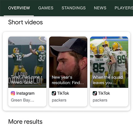 Google short videos carousel displays TikTok & Instagram videos
