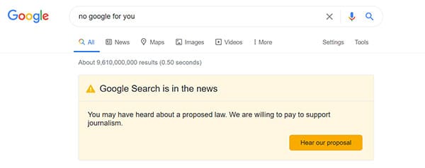 Google Australia adds notice to search results about news links law