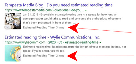 Bing Estimated Reading Time in Search Result Snippets