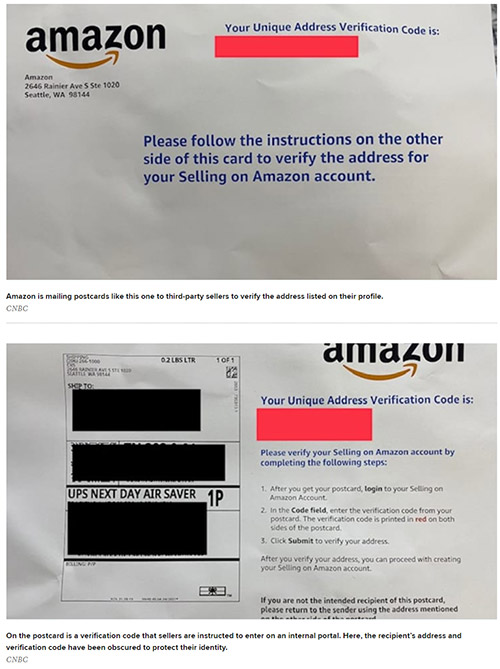 Amazon mails postcards to sellers to verify whether their addresses are real