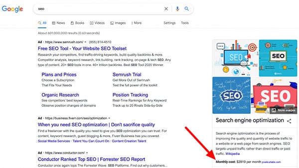 Google knowledge panel showing monthly costs for services like SEO