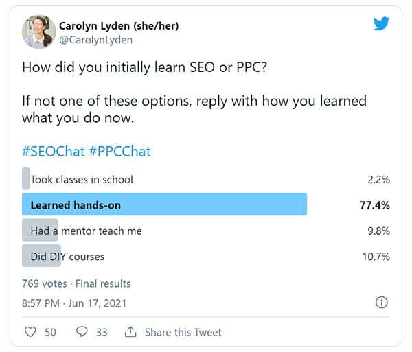 77% Of SEOs learned SEO hands on