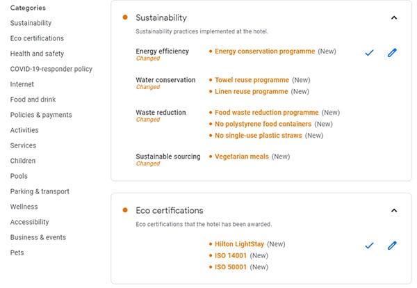 Google hotel listings add sustainability & eco certifications attributes