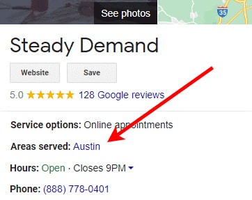 Google local business listing in search displays areas served