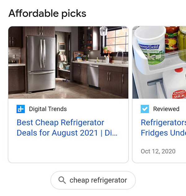 Google affordable picks carousel in mobile search