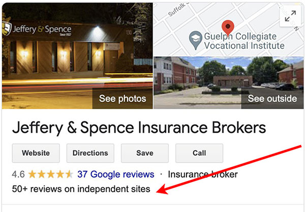 Google local result with reviews from the web & independent sites