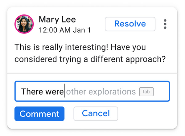 Smart Compose är nu tillgängligt i kommentarer för Google Presentationer, Kalkylark och Ritningar