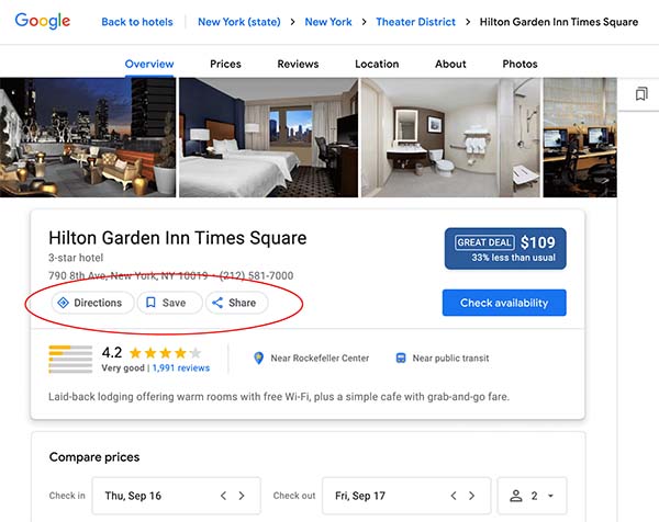 Google hotel search results drops visit website button