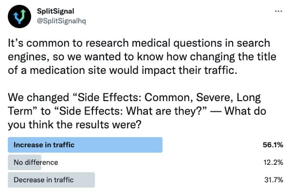 SEO split-testing [case study] “replacing ‘side effects: common, severe, long term’ with ‘side effects: what are they?’ in the title tag of a medication site”