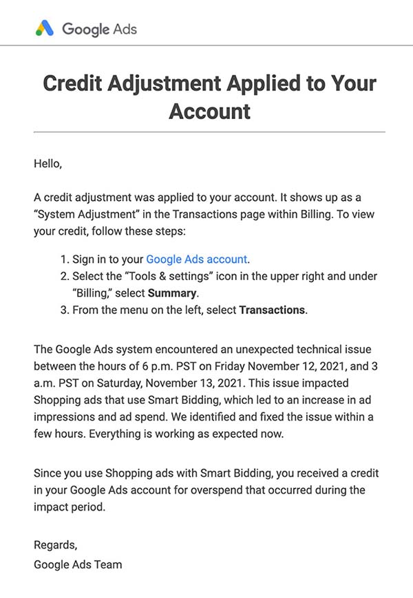Google Issued Credits for Shopping Ads CPC Bug