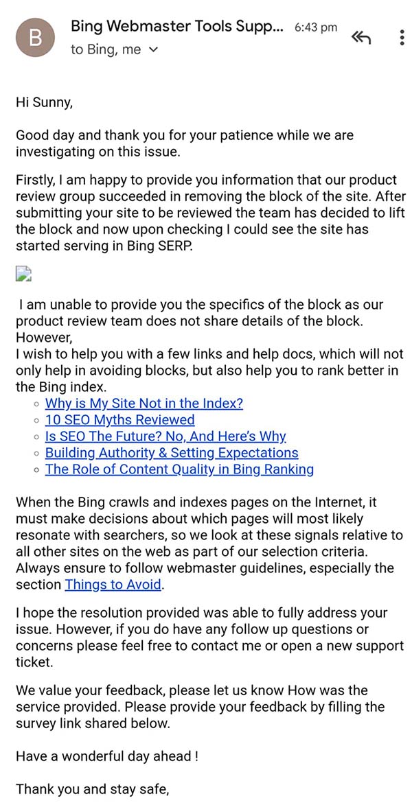 Microsoft Email Tells Site Owner Site No Longer Blocked in Bing Search