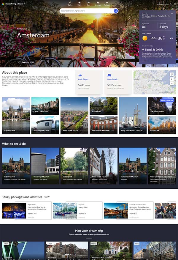 Novos recursos de pesquisa de viagens do Microsoft Bing