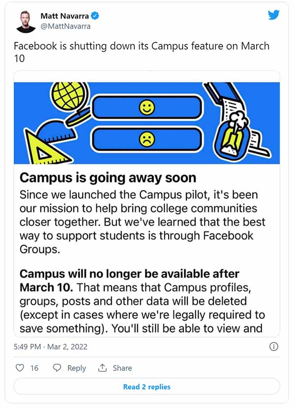 Facebook is shutting down its college student-only social network, Campus