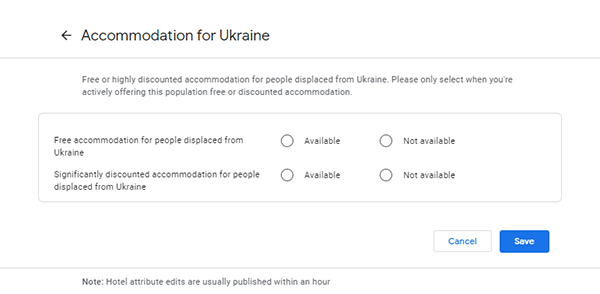 Google Hotel Listings Attribute for Free or Discounted Accommodation for Ukraine