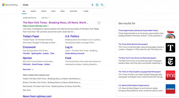Bing "See Results For" Search Feature on Left Side Bar