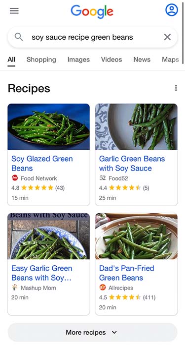 Google Search Recipe Results Segmented by Type