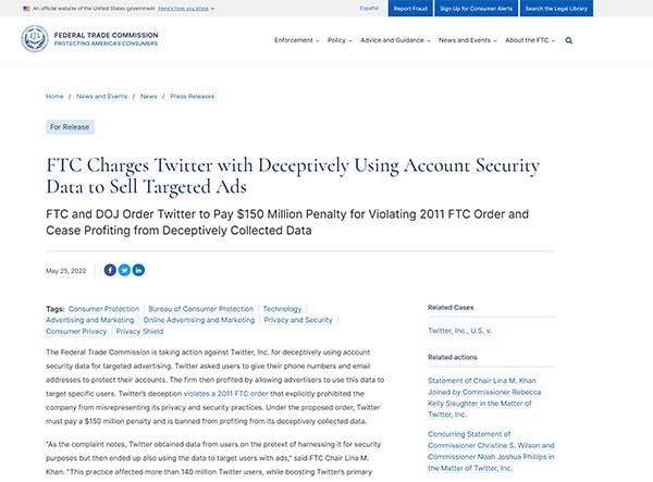 FTC Charges Twitter with Deceptively Using Account Security Data to Sell Targeted Ads