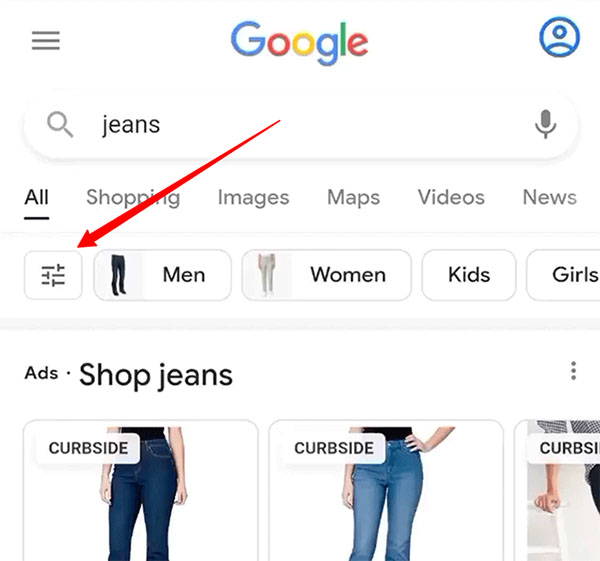 Google Search Tests Shopping Filter Button