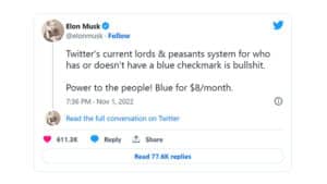 Musk Outlines New $8 Per Month Twitter Blue Package