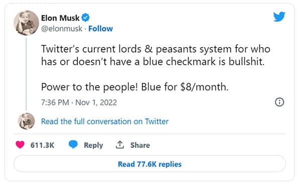 Musk Outlines New $8 Per Month Twitter Blue Package