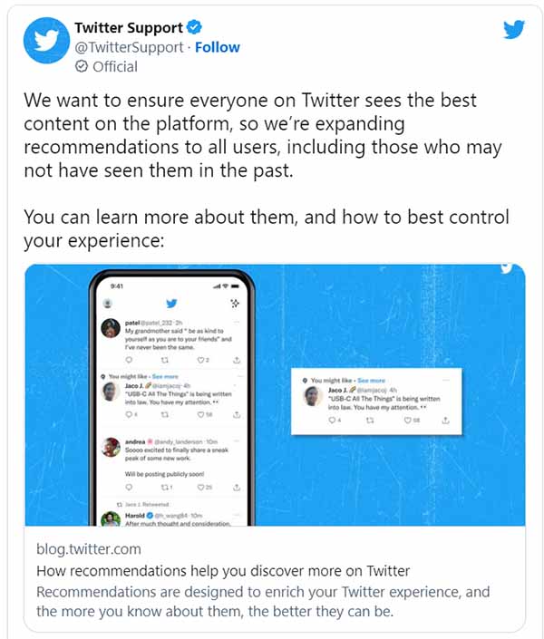 Twitter Expands Content Recommendations, Showing Users More Tweets from Profiles They Don’t Follow