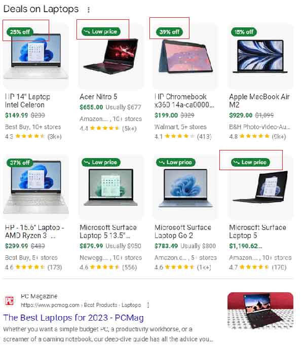 Google Search Deals Section With Green Discount Labels