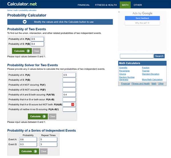 Calculator.net Probability Calculator