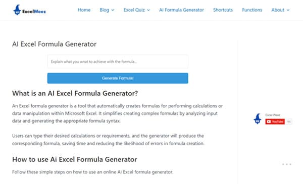 ExcelWeez AI Excel Fórmula Gerador Gratuito