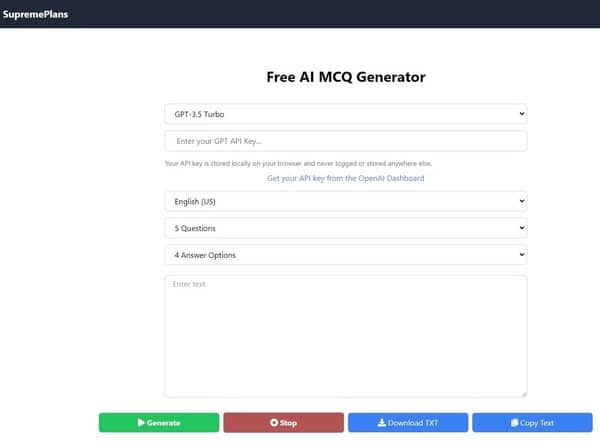 SupremePlans Darmowy generator pytań wielokrotnego wyboru AI