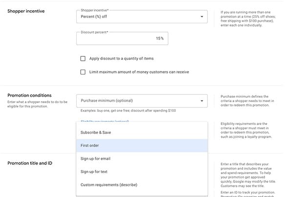 New Google Merchant Center Promotion For First Order Discount